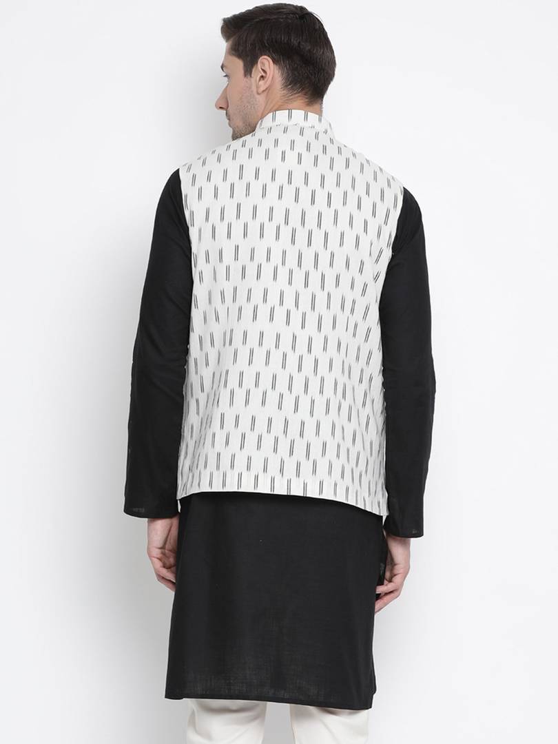 Men's White Cotton
 Woven Design Nehru Jackets